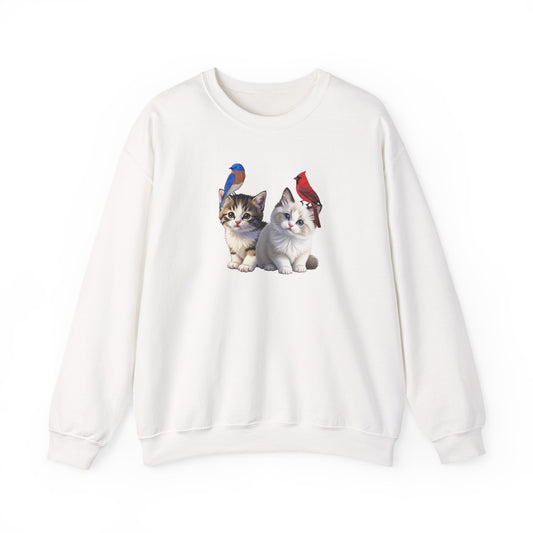 Kitten with Bluebird and Cardinal Cat Sweatshirt Bird & Cat Lover