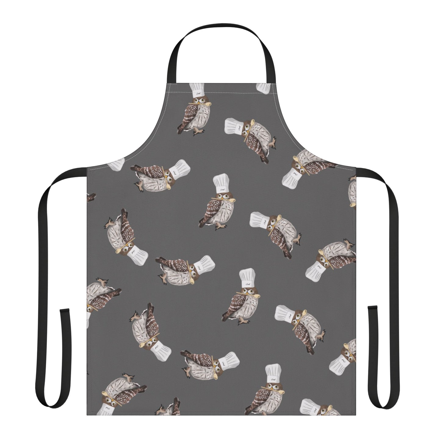Gray apron with owl bird pattern on a white background