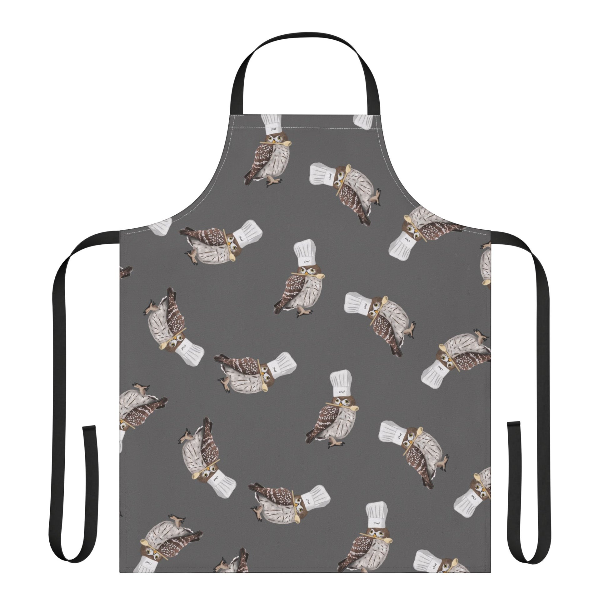 Gray apron with owl bird pattern on a white background