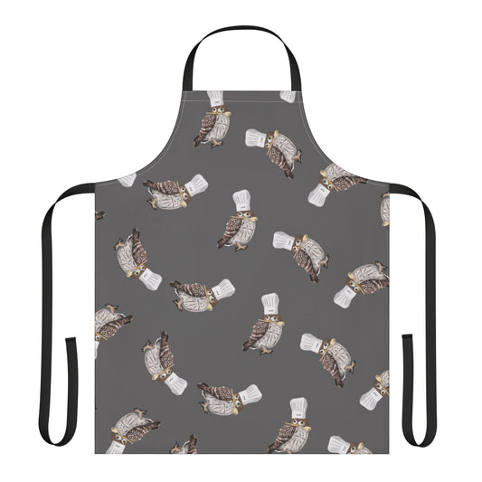 Gray apron with owl bird pattern on a white background