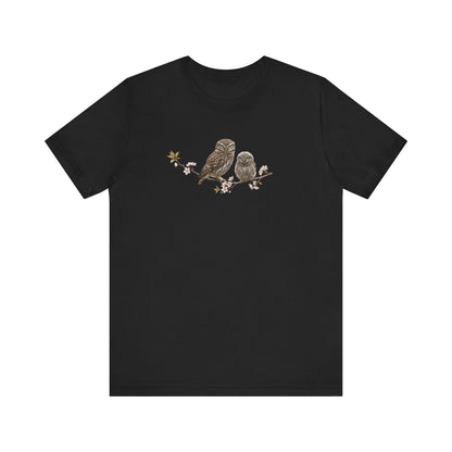 Little Owl & Fledgling T-Shirt | Spring Blossoms Unisex Graphic Tee