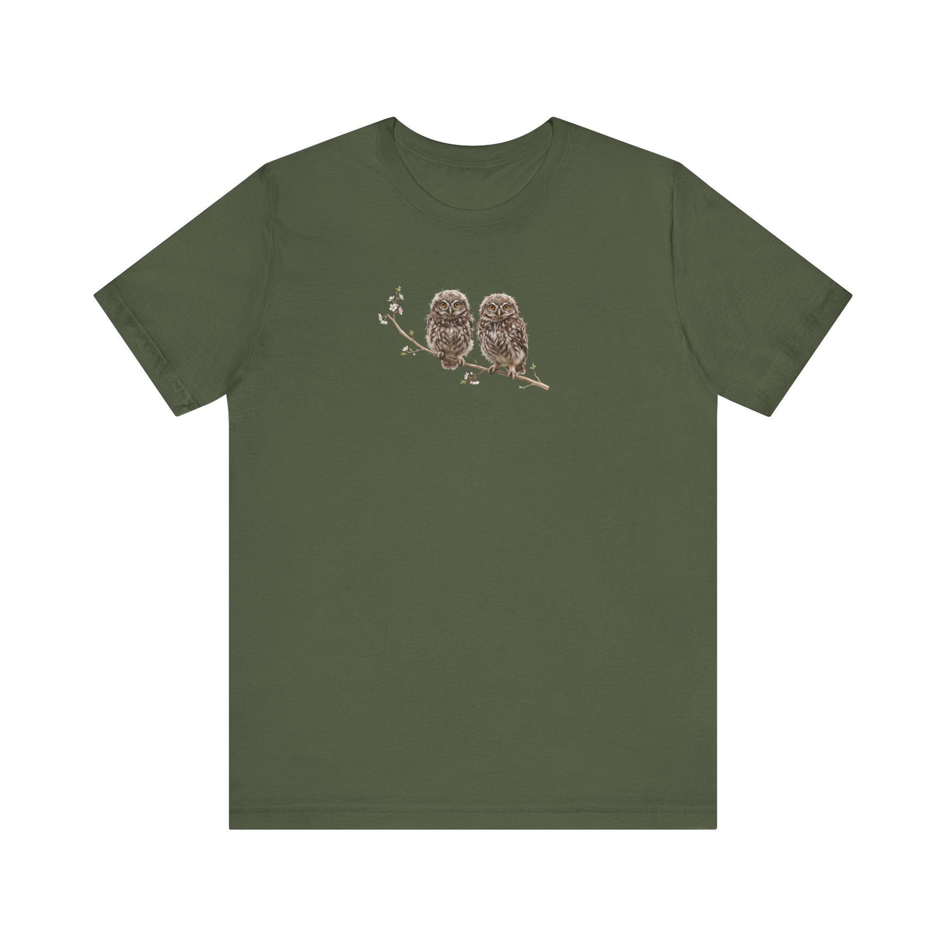 Little Owl Fledgling T-Shirt | Spring Blossoms Unisex Graphic Tee for Bird Watchers