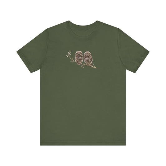 Little Owl Fledgling T-Shirt | Spring Blossoms Unisex Graphic Tee for Bird Watchers