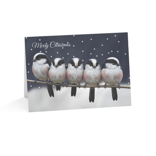 Long Tailed Titmice Bird Art Premium Christmas Card 7x5" | Double-Sided Matte Holiday Greeting