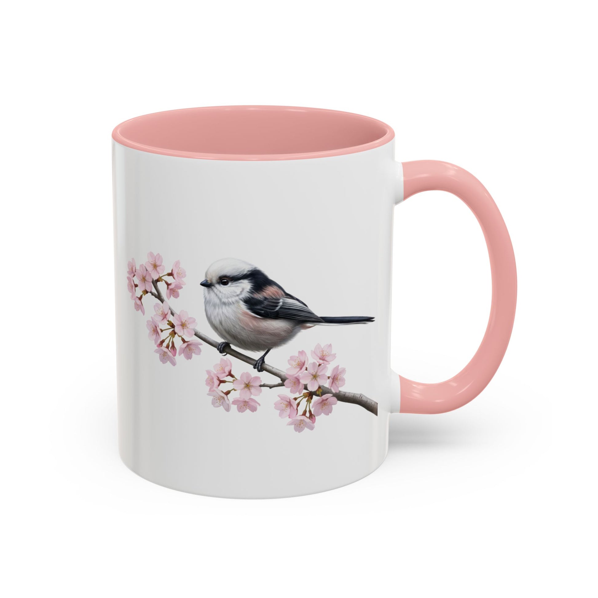 Long Tailed Titmouse Cherry Blossom Mug | Pink Ceramic Coffee Cup for Bird Lovers
