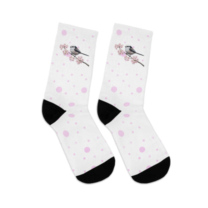 Long Tailed Titmouse Cherry Blossom Socks White | Floral Birdwatching Gift