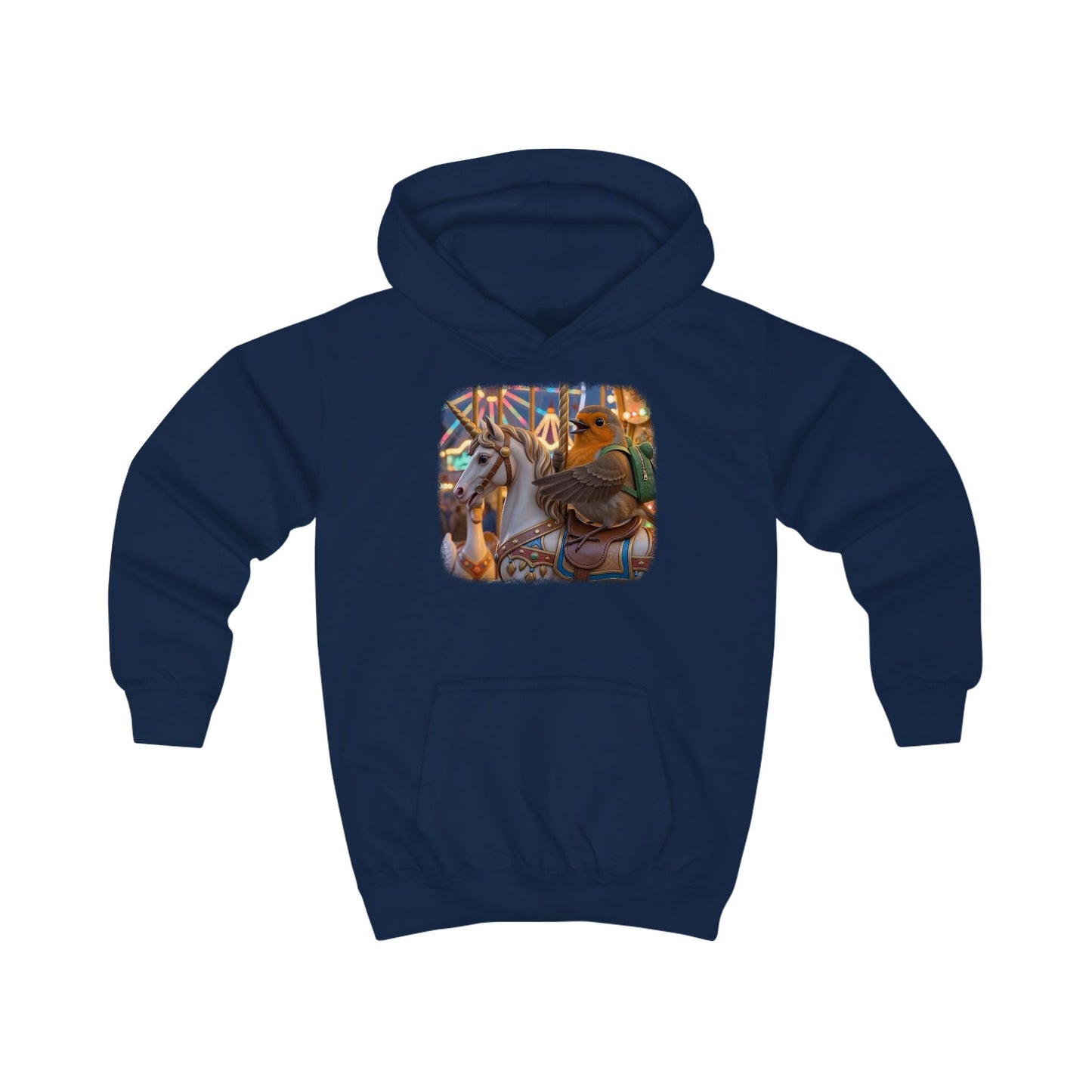 Lustiger Vogel Hoodie für Kinder. Das kleine Rotkehlchen Rosi reitet auf der Kirmes fröhlich auf einem magischen Einhorn im Karussell. Ein tolles, warmes Geschenk für kleine Vogelfreunde, Vogelbeobachter und Nachwuchs-Biologen.