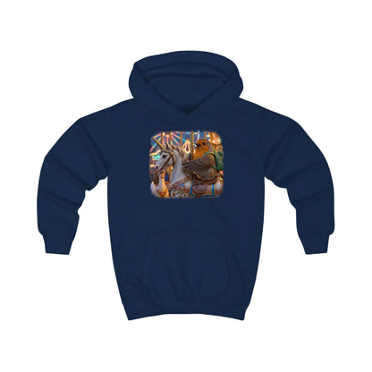 Lustiger Vogel Hoodie für Kinder. Das kleine Rotkehlchen Rosi reitet auf der Kirmes fröhlich auf einem magischen Einhorn im Karussell. Ein tolles, warmes Geschenk für kleine Vogelfreunde, Vogelbeobachter und Nachwuchs-Biologen.