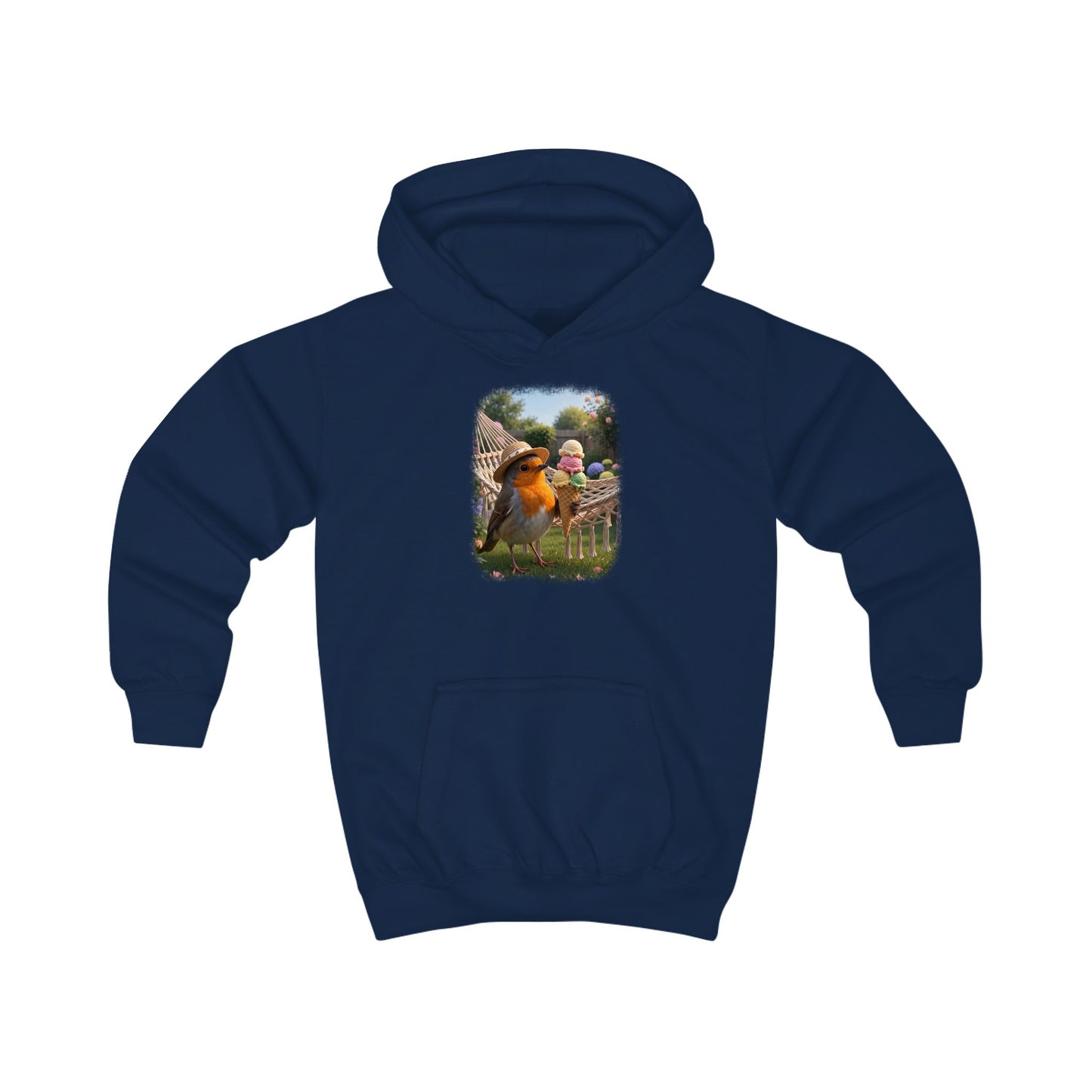 Lustiger Vogel Hoodie für Kinder. Das kleine Rotkehlchen Rosi steht im Garten und schleckt genüsslich an einem riesigen Eis. Ein tolles, warmes Geschenk für kleine Vogelfreunde, Vogelbeobachter und Nachwuchs-Biologen.