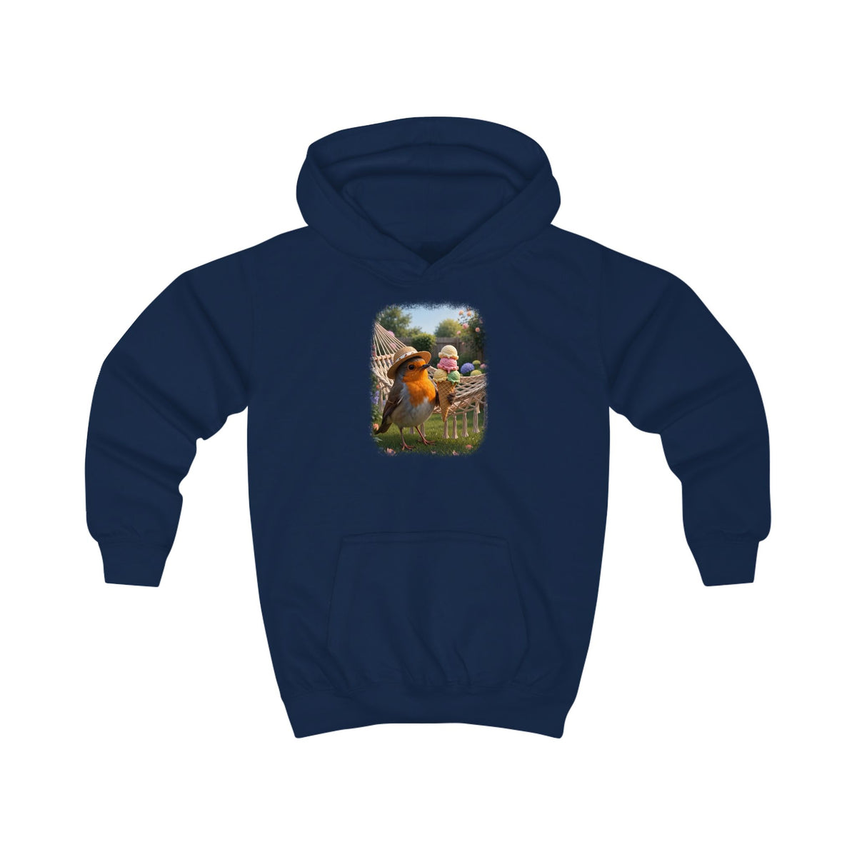 Lustiger Vogel Hoodie für Kinder. Das kleine Rotkehlchen Rosi steht im Garten und schleckt genüsslich an einem riesigen Eis. Ein tolles, warmes Geschenk für kleine Vogelfreunde, Vogelbeobachter und Nachwuchs-Biologen.