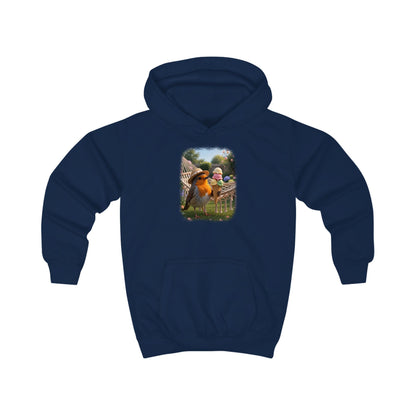 Lustiger Vogel Hoodie für Kinder. Das kleine Rotkehlchen Rosi steht im Garten und schleckt genüsslich an einem riesigen Eis. Ein tolles, warmes Geschenk für kleine Vogelfreunde, Vogelbeobachter und Nachwuchs-Biologen.