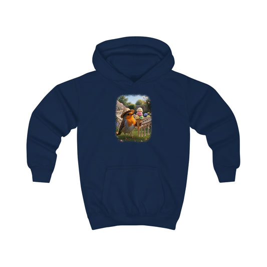 Lustiger Vogel Hoodie für Kinder. Das kleine Rotkehlchen Rosi steht im Garten und schleckt genüsslich an einem riesigen Eis. Ein tolles, warmes Geschenk für kleine Vogelfreunde, Vogelbeobachter und Nachwuchs-Biologen.