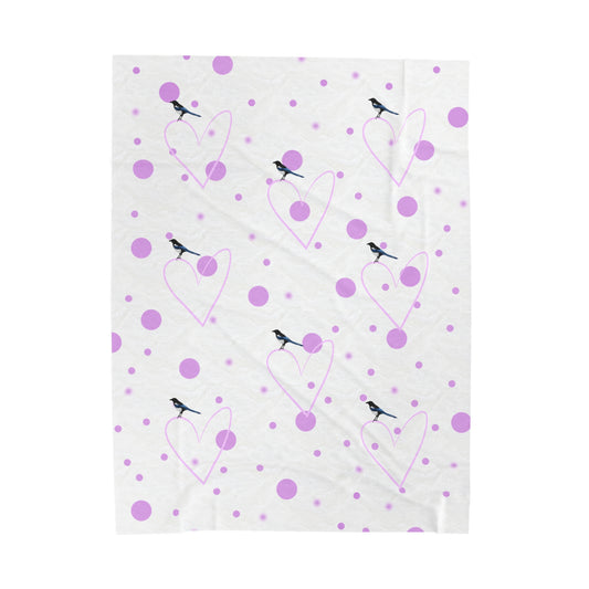 Magpie Valentine's Day Bird Velveteen Plush Blanket Pink Hearts and Dots