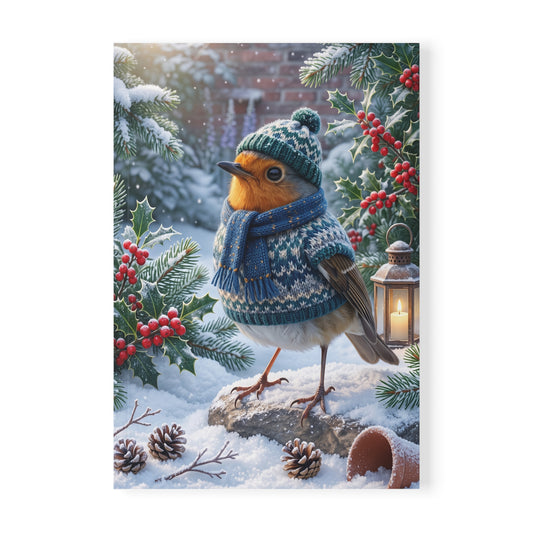 Mattes A5 Notizbuch, Cover zeigt eine digitale Illustration des Gartenvogels Rosi Rotkehlchen mit roter Strickmütze und Schal in einem verschneiten Garten.