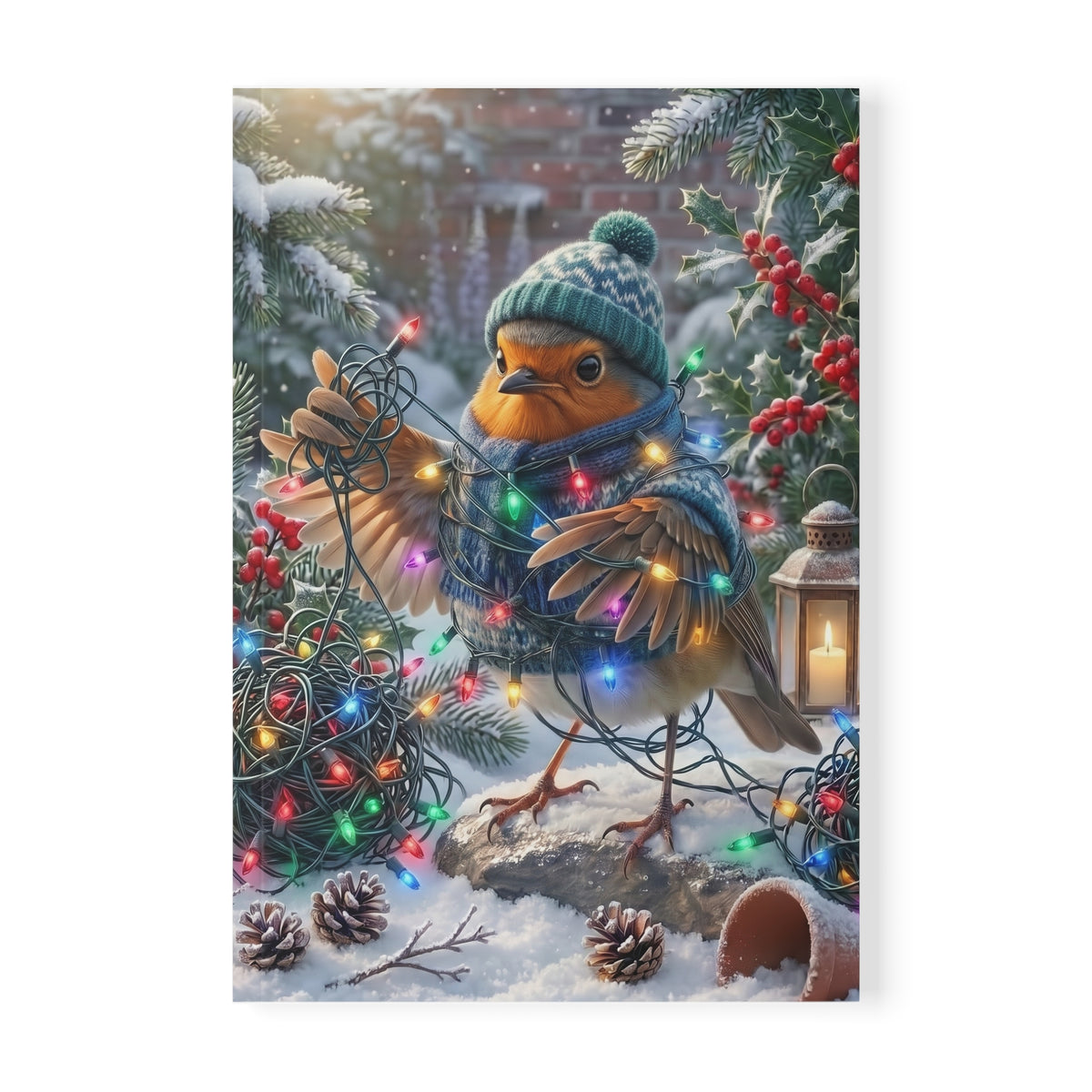 Mattes A5 Notizbuch, das Cover zeigt eine lustige digitale Illustration des Gartenvogels Rosi Rotkehlchen, das sich völlig in einer leuchtenden Lichterkette verheddert hat.