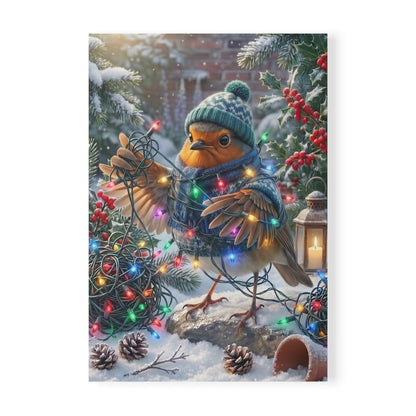 Mattes A5 Notizbuch, das Cover zeigt eine lustige digitale Illustration des Gartenvogels Rosi Rotkehlchen, das sich völlig in einer leuchtenden Lichterkette verheddert hat.