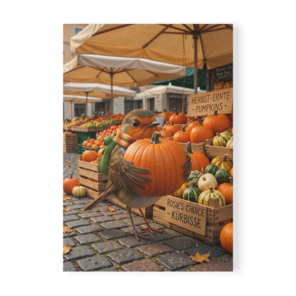 Mattes, liniertes A5 Notizbuch. Das Rundum-Design zeigt das kleine Rotkehlchen Rosi, das stolz einen riesigen orangenen Kürbis auf dem Marktplatz hält. Ein schönes Schreibwaren-Geschenk für Vogelfreunde, Vogelbeobachter und Herbst-Liebhaber.