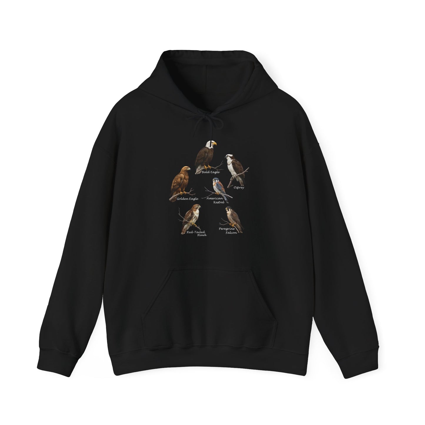 Black hoodie with bird illustrations on a white background