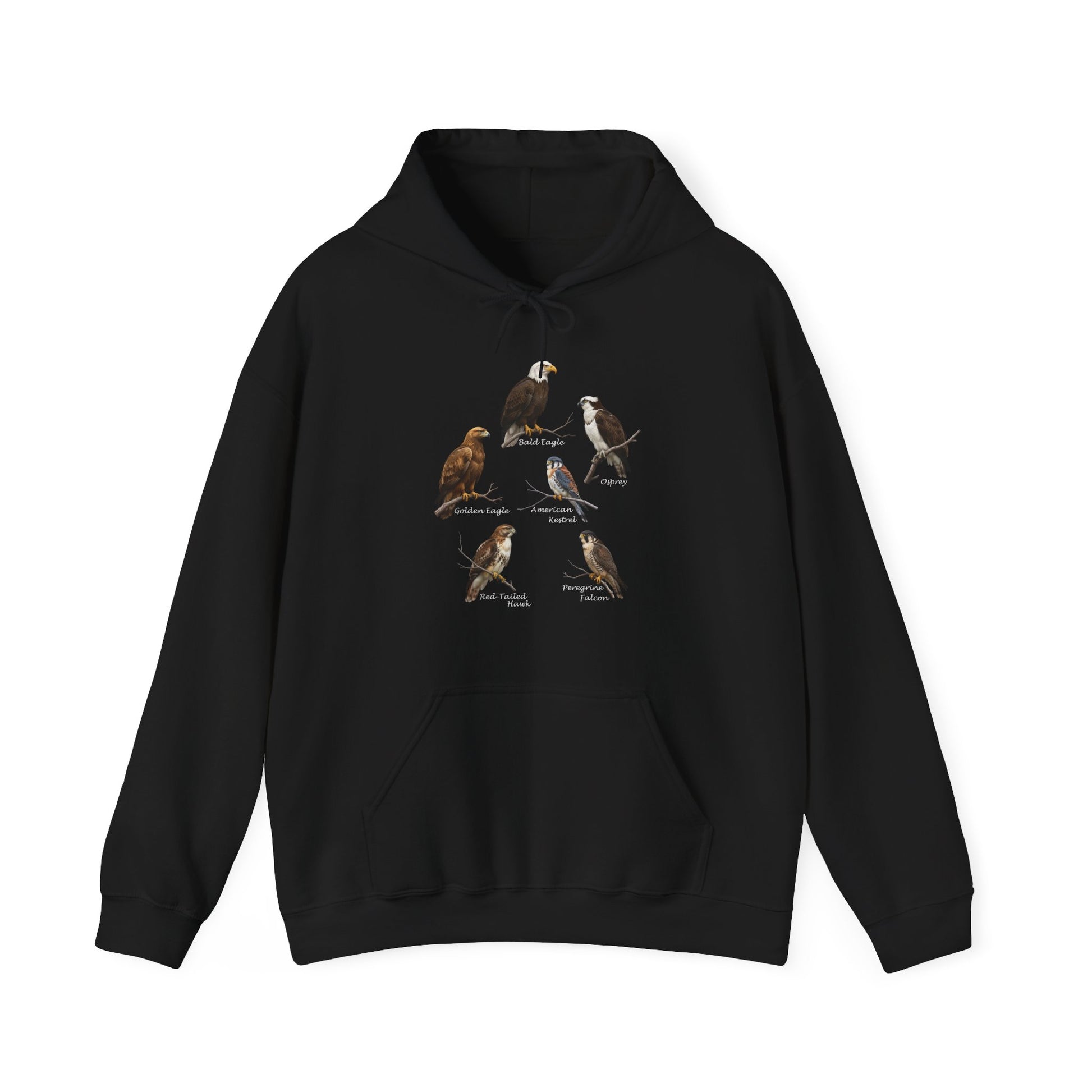 Black hoodie with bird illustrations on a white background