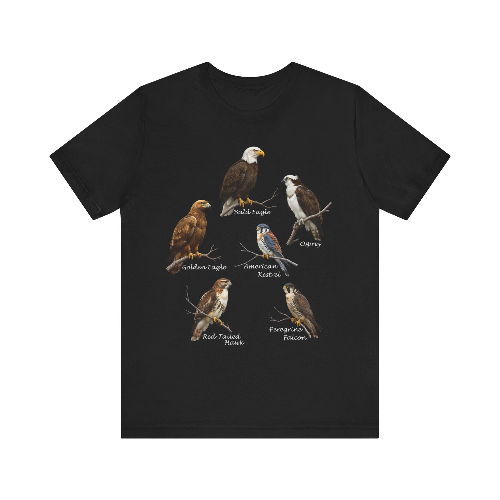 Black t-shirt with bird illustrations and names on a white background