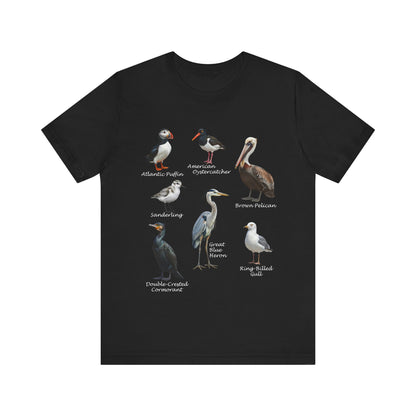Black t-shirt with illustrations of various birds and their names on a white background