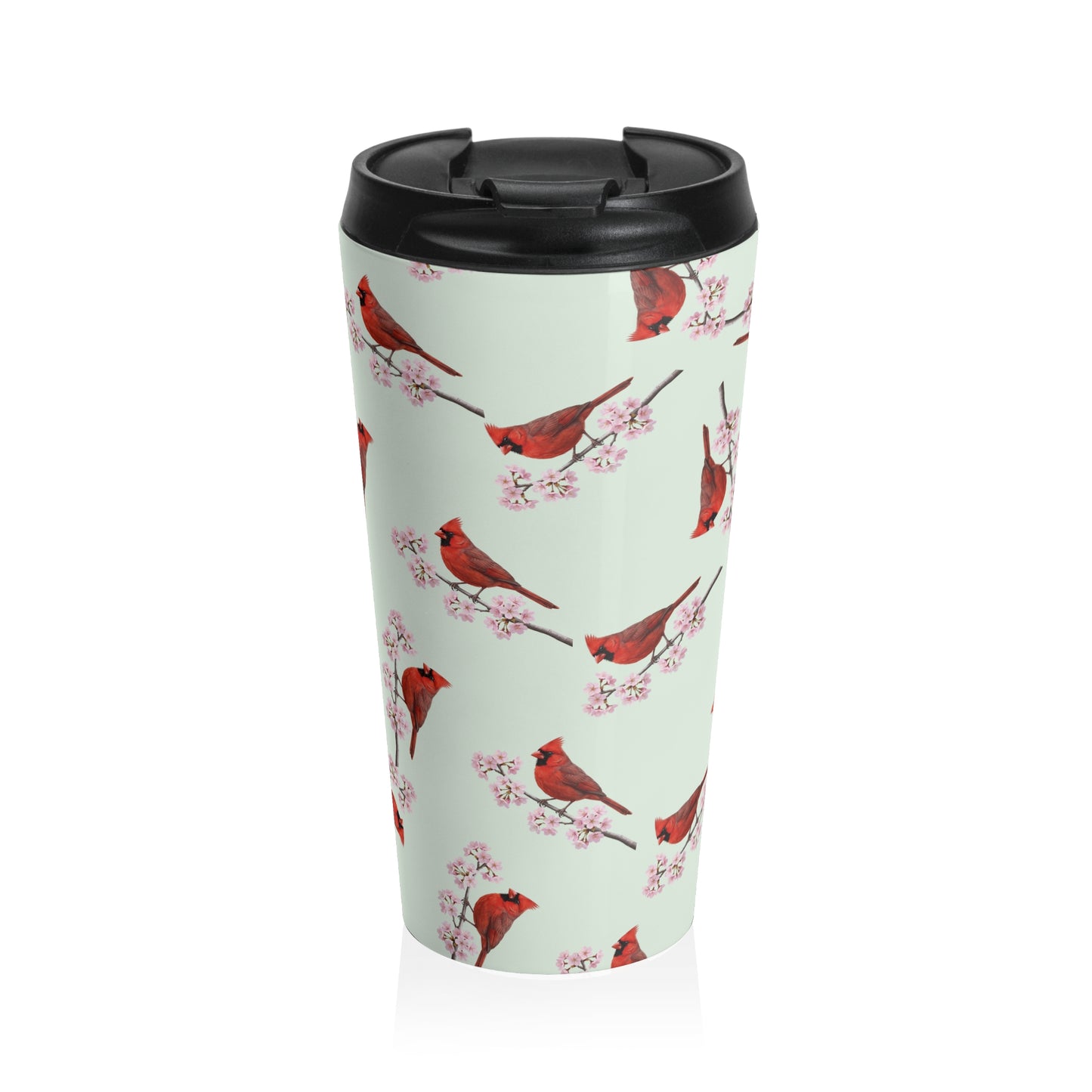 A premium 15oz stainless steel travel tumbler in sage green, featuring a seamless pattern of a Northern Cardinal and cherry blossoms, with a black spill-proof lid. High-quality birdwatching coffee mug in e-commerce.