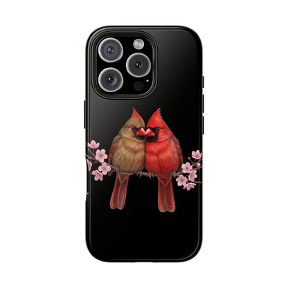 Phone case with two cardinal birds on a branch and flowers on a black background