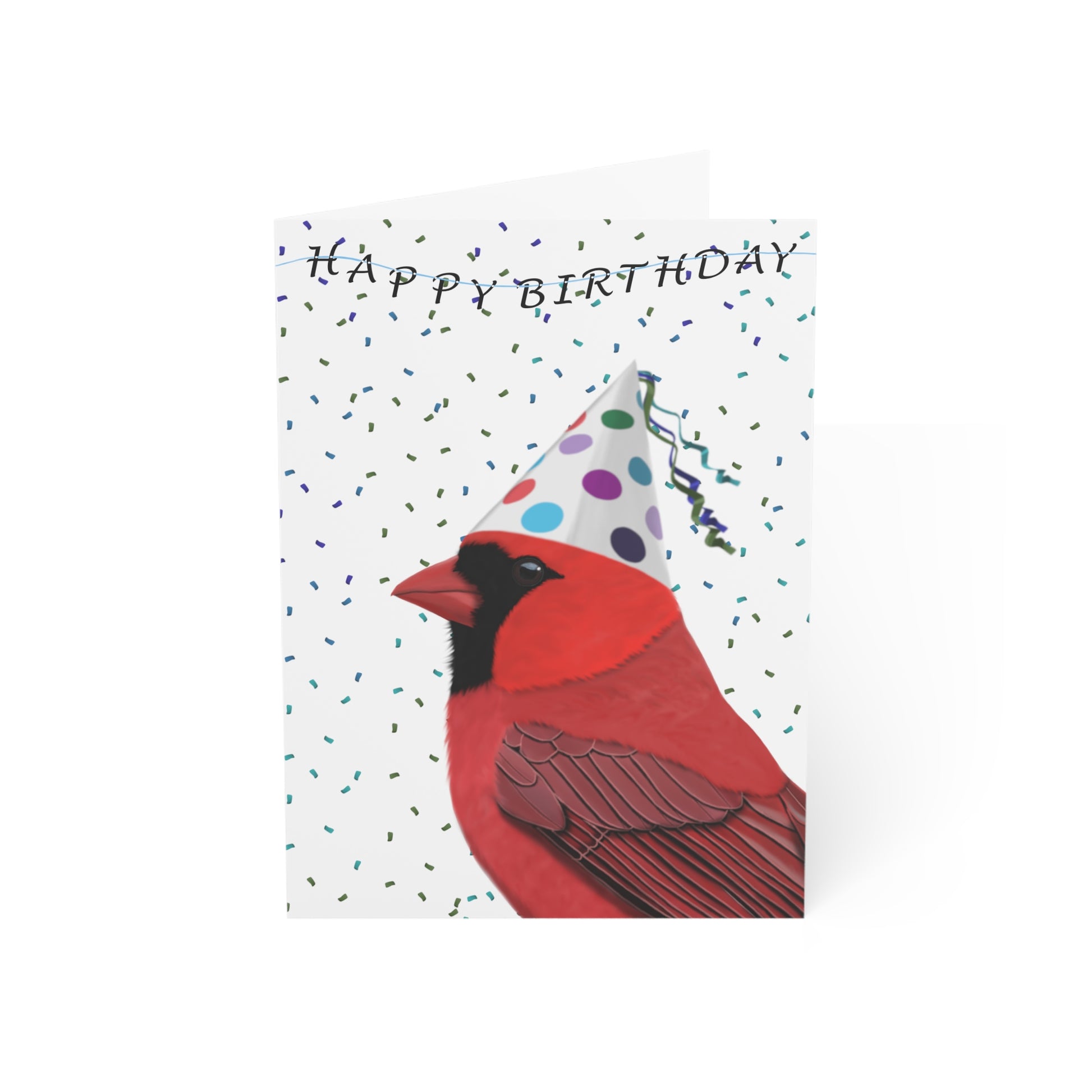 Cardinal bird wearing a birthday hat on a white card with 'Happy Birthday' text