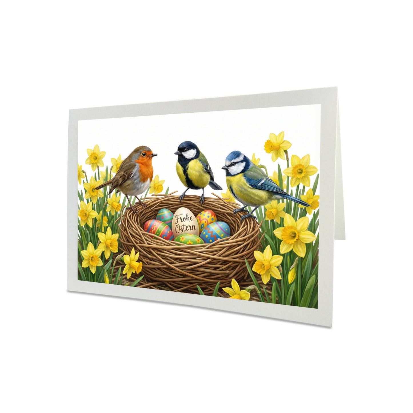 Illustrierte Osterkarte mit Rotkehlchen, blaumeise, kohlmeise die zwischen gelben Osterglocken auf einem nest mit bemalten ostereiern sitzen, Frühlingsmotiv.