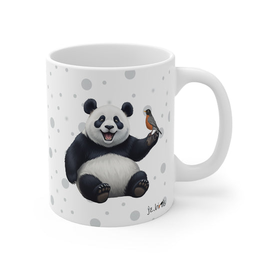 Panda Bear Mug with American Robin for Animal Lovers & Bird Watchers 11oz