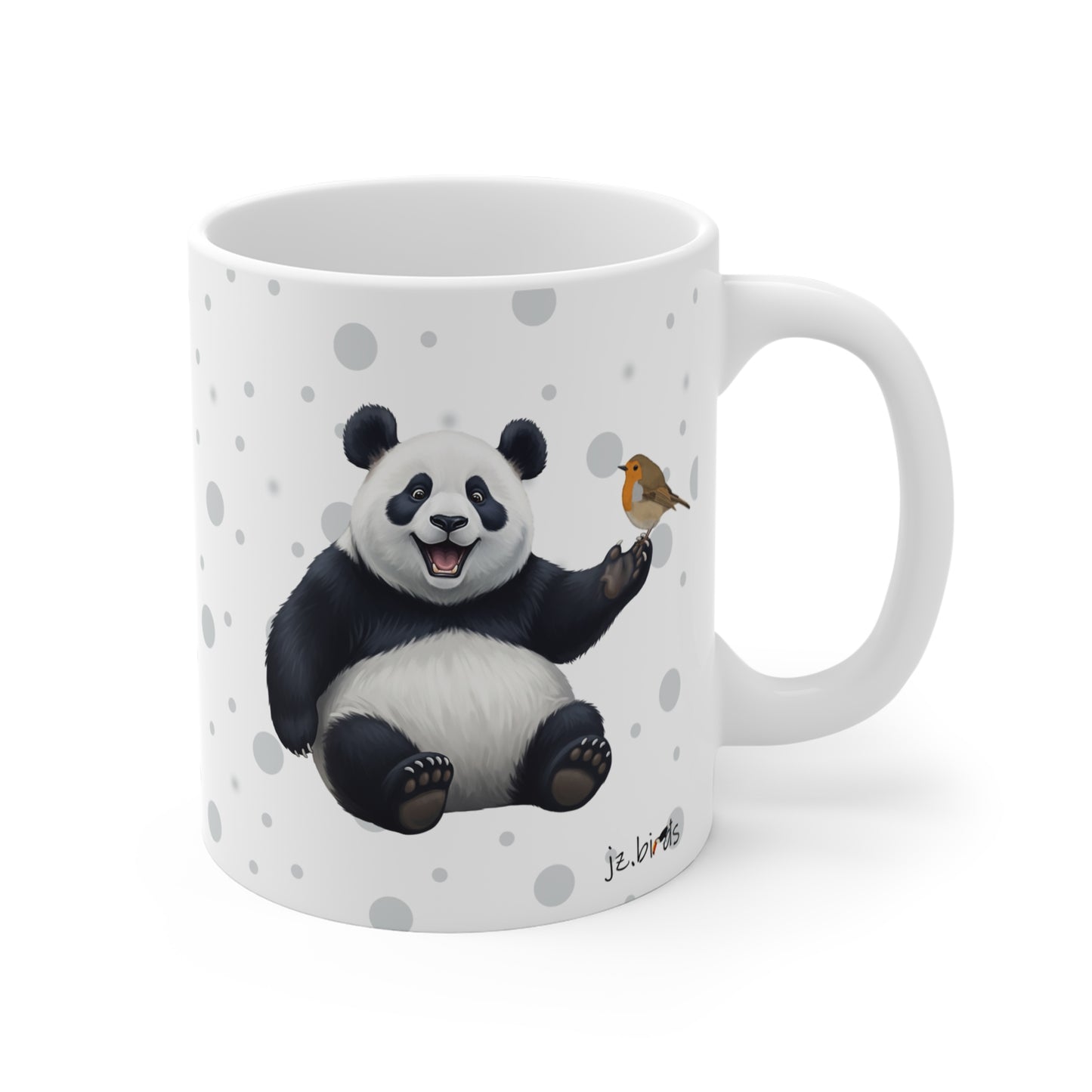 Panda Bear Mug with European Robin for Animal Lovers & Bird Watchers 11oz