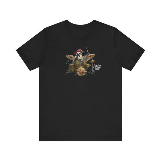 Black t-shirt with a graphic design of a woodpecker playing drums on a white background