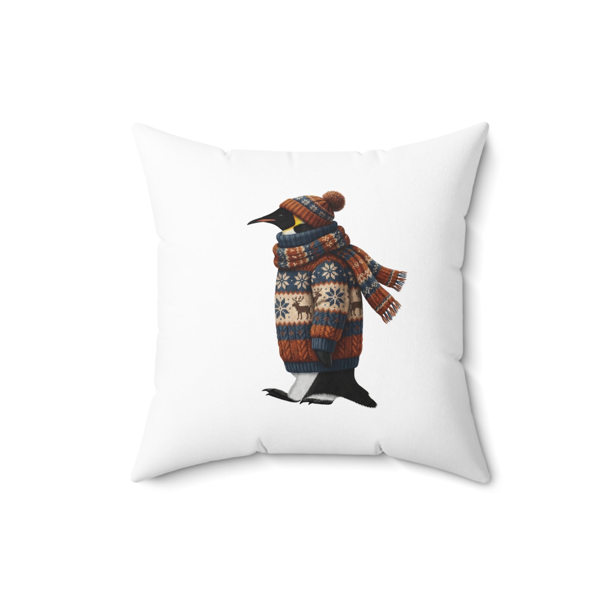 Penguin Wears Knit Christmas Bird Pillow – Double-Sided Bird Art – The Perfect Gift for Bird Lovers