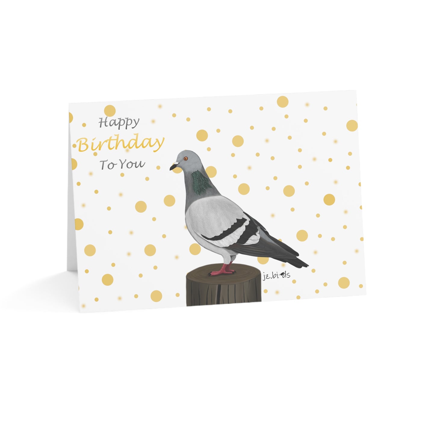 pigeon birthday card with text happy birthday to you, golden polka dots on a white background.