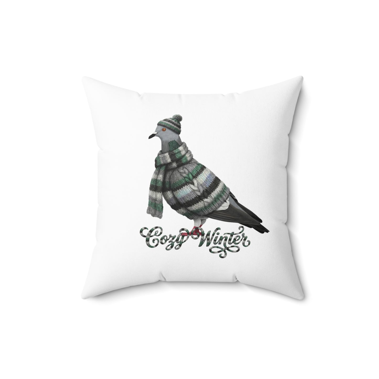 Pigeon Cozy Winter Christmas Bird Pillow – Double-Sided Bird Art – The Perfect Gift for Bird Lovers