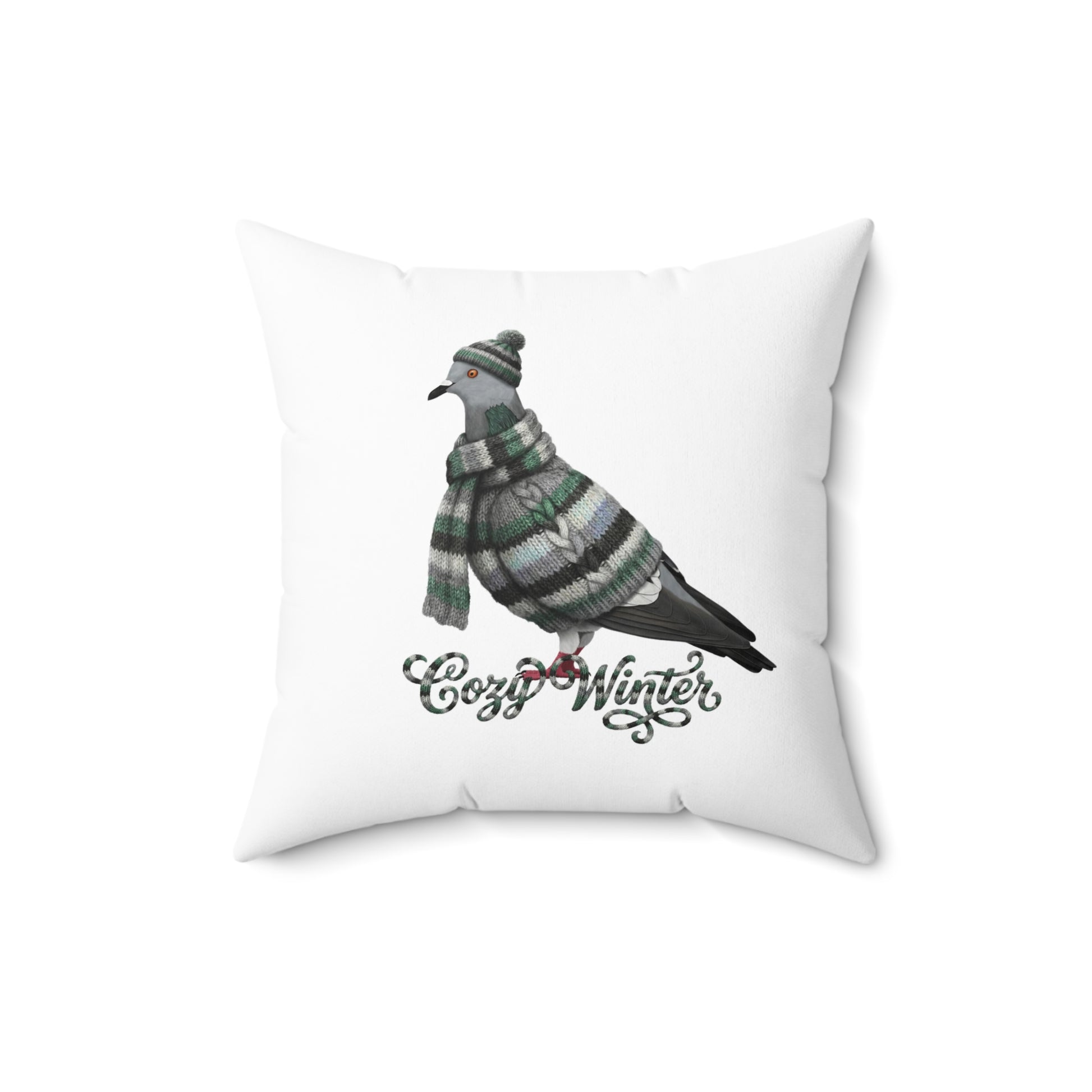 Pigeon Cozy Winter Christmas Bird Pillow – Double-Sided Bird Art – The Perfect Gift for Bird Lovers