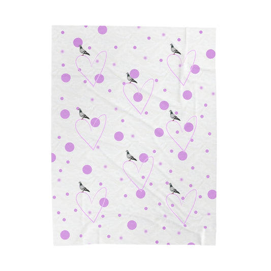 Pigeon Valentine's Day Bird Velveteen Plush Blanket Pink Hearts and Dots