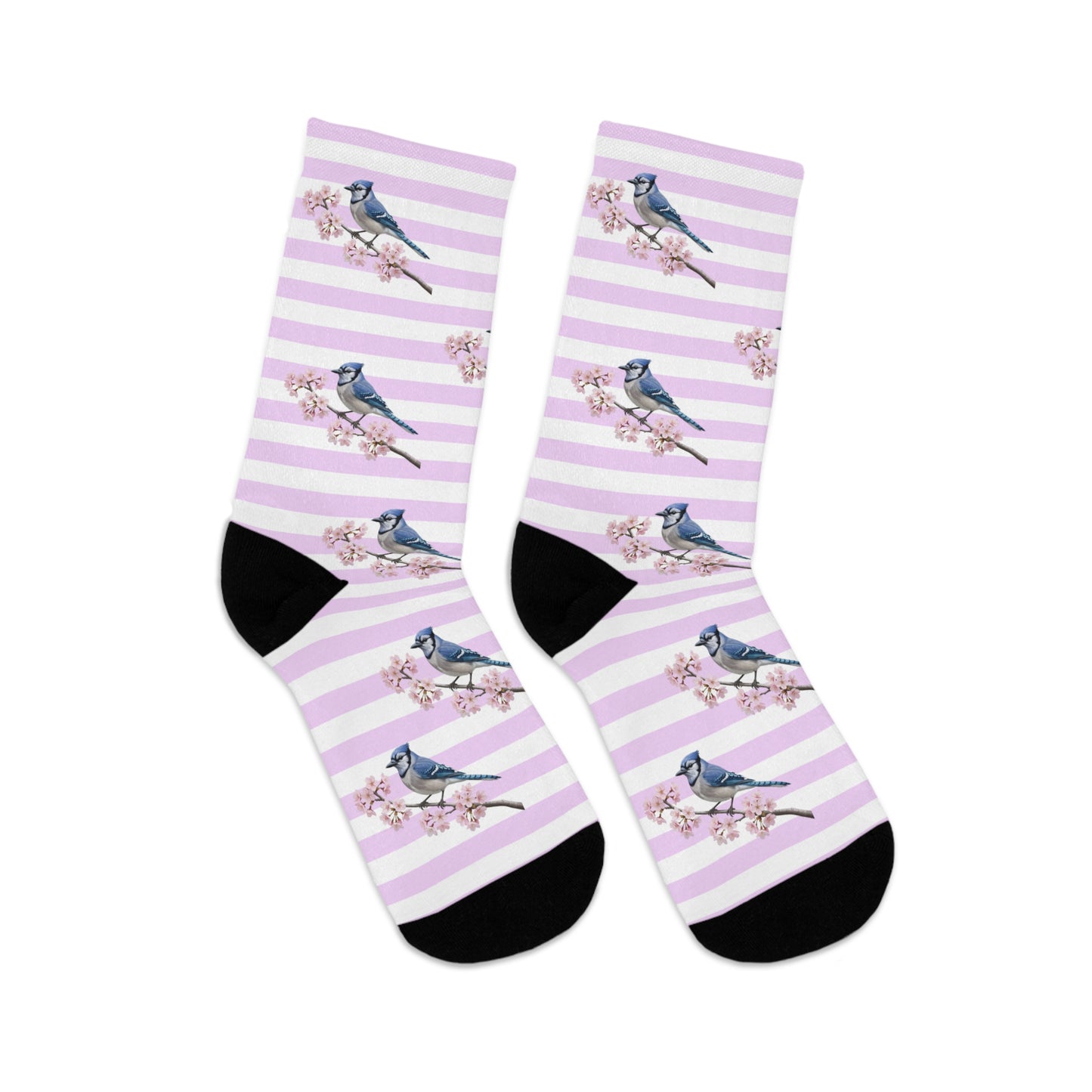 Pair of socks with blue jay bird and floral design on a white background