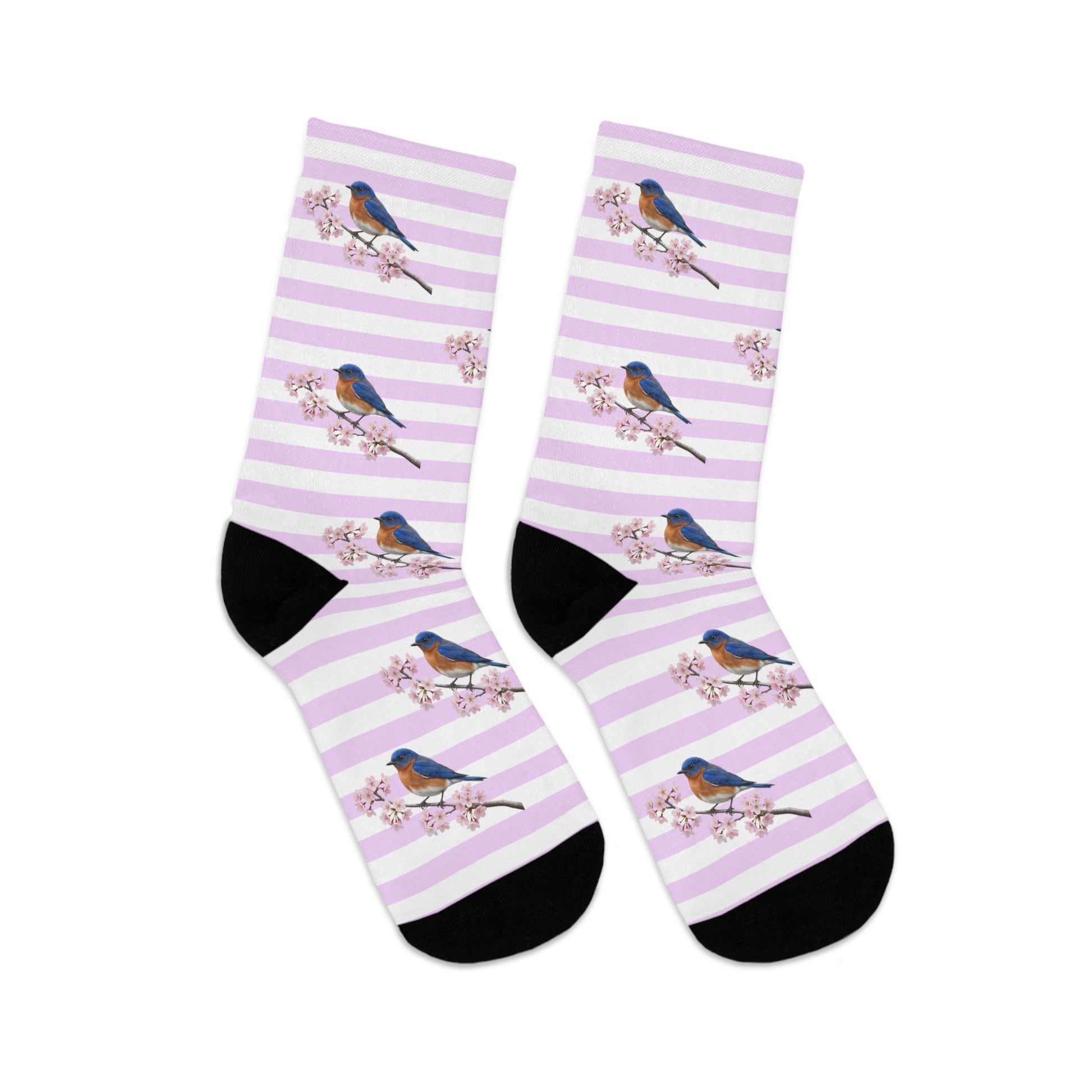 Pair of socks with bluebird bird design on a white background