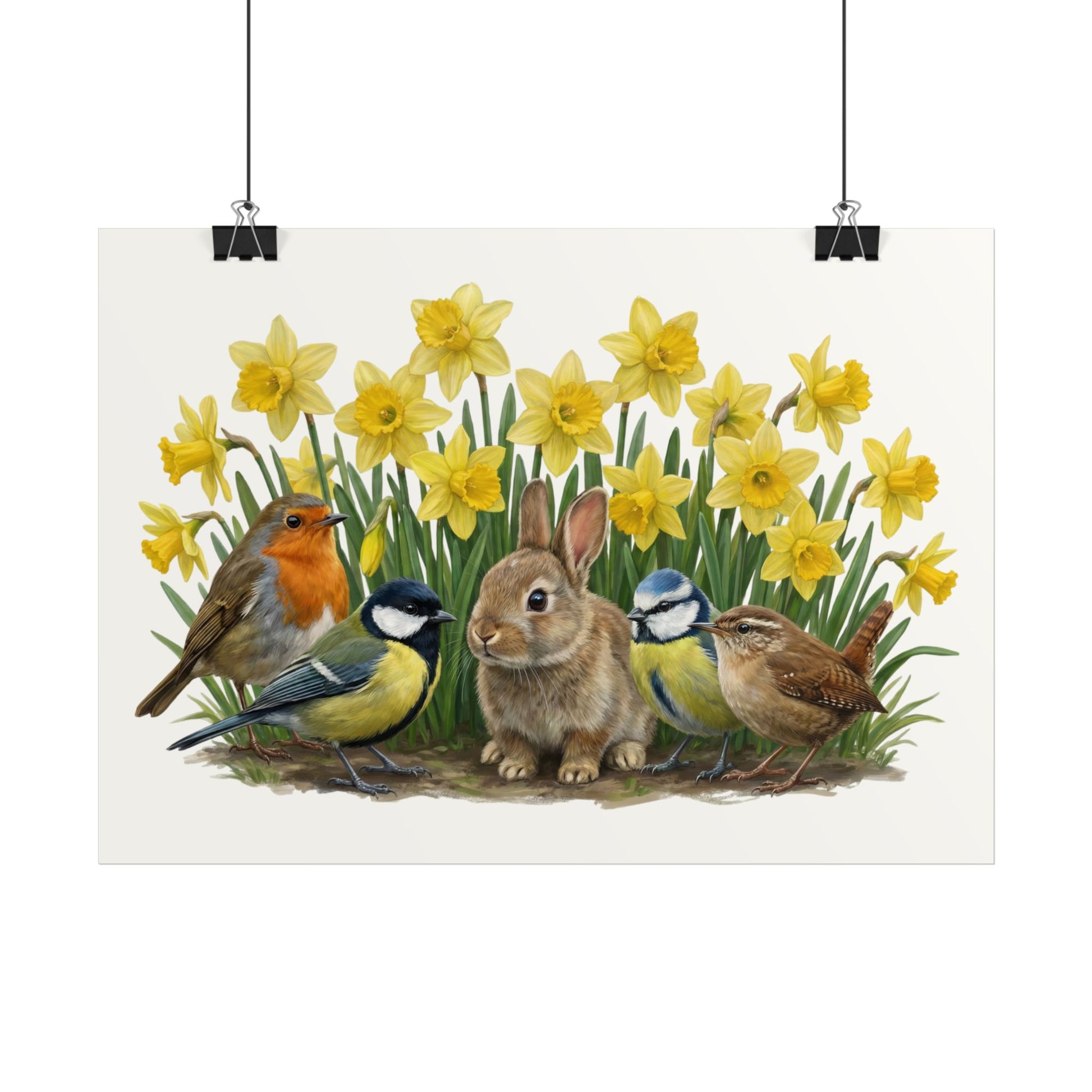 Poster mit einer Rotkehlchen, Meisen, Vogel Zeichnung und Kaninchen mit gelben Osterglocken auf einem weißen Hintergrund