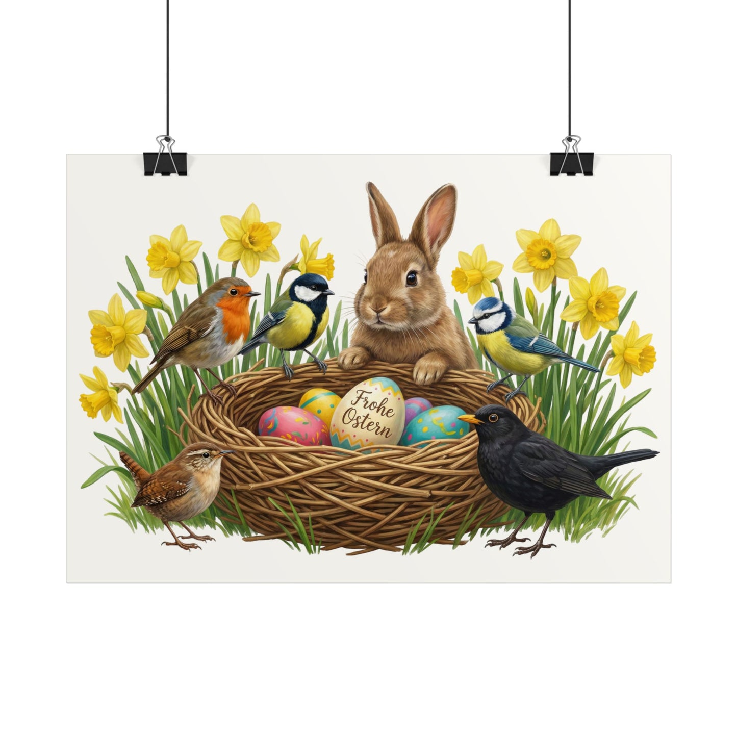 Poster mit einer Amsel, Rotkehlchen, Meisen, Vogel Zeichnung und Kaninchen mit gelben Osterglocken auf einem weißen Hintergrund