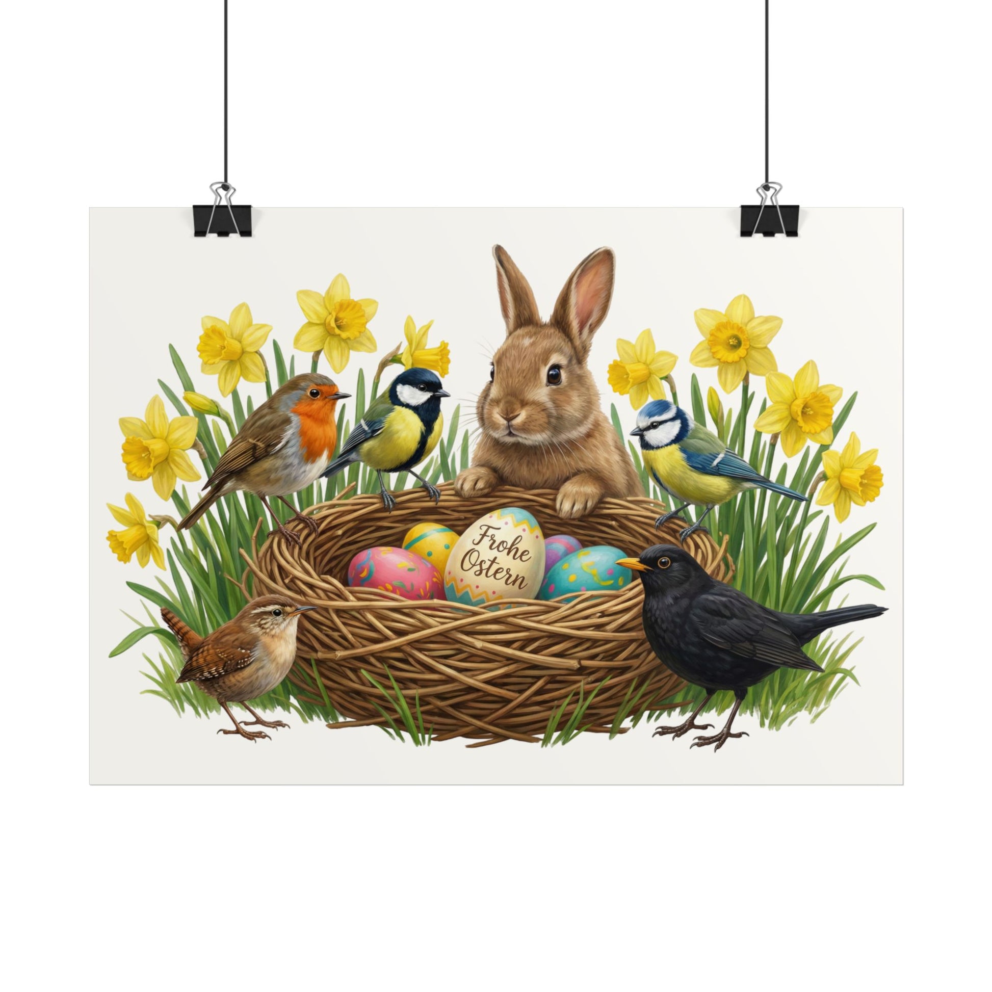 Poster mit einer Amsel, Rotkehlchen, Meisen, Vogel Zeichnung und Kaninchen mit gelben Osterglocken auf einem weißen Hintergrund
