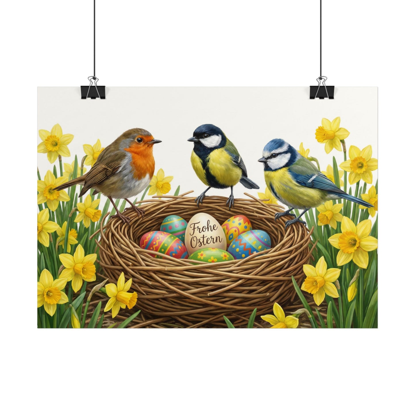 Poster mit einer Rotkehlchen, Meisen, Vogel Zeichnung mit gelben Osterglocken auf einem weißen Hintergrund