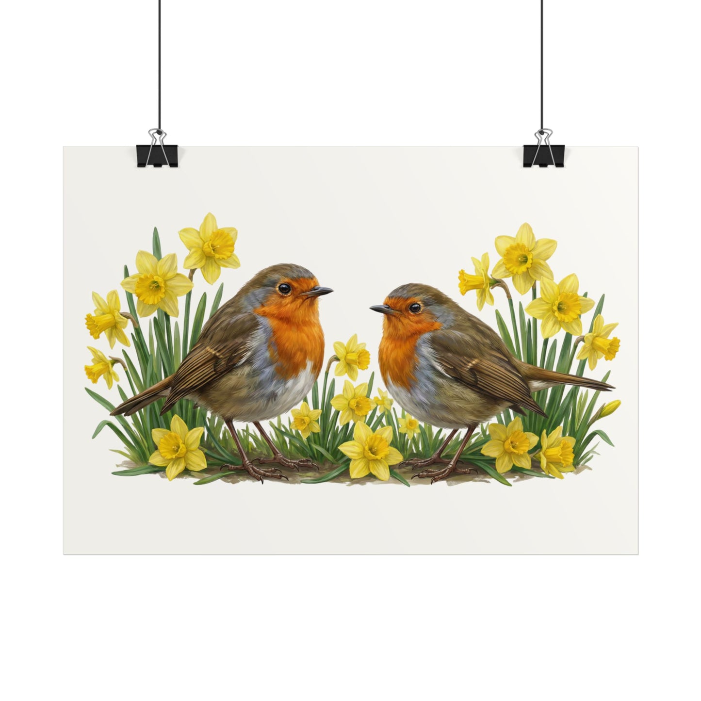 Poster mit einer Rotkehlchen Vogel Zeichnung mit gelben Osterglocken auf einem weißen Hintergrund