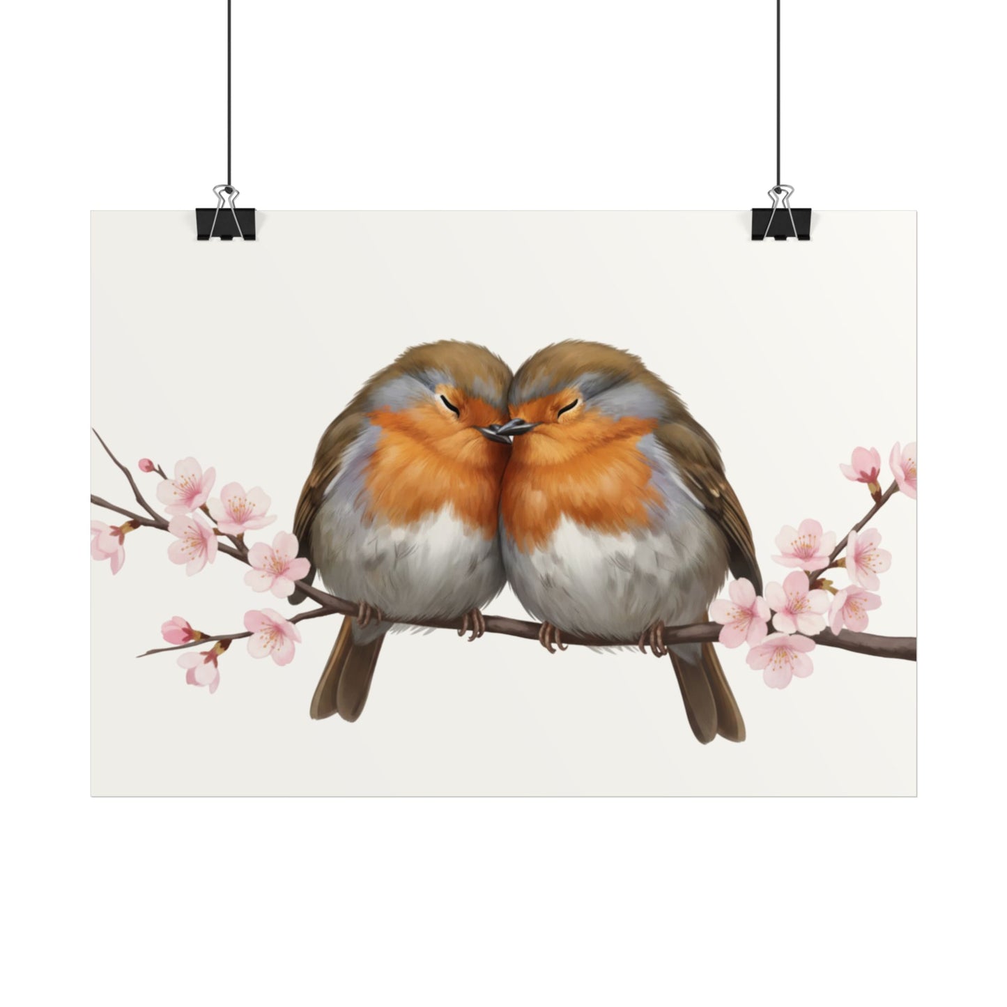 Premium Poster mit Rotkehlchen im Frühling und Kirschblüten (Matt)