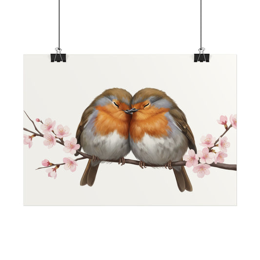 Premium Poster mit Rotkehlchen im Frühling und Kirschblüten (Matt)