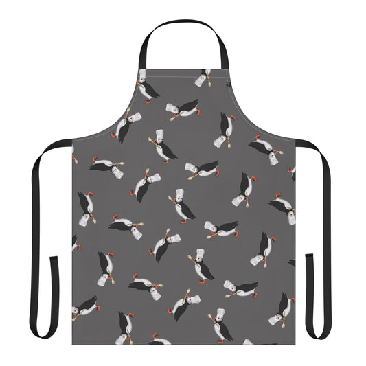 Gray apron with puffin pattern on a white background