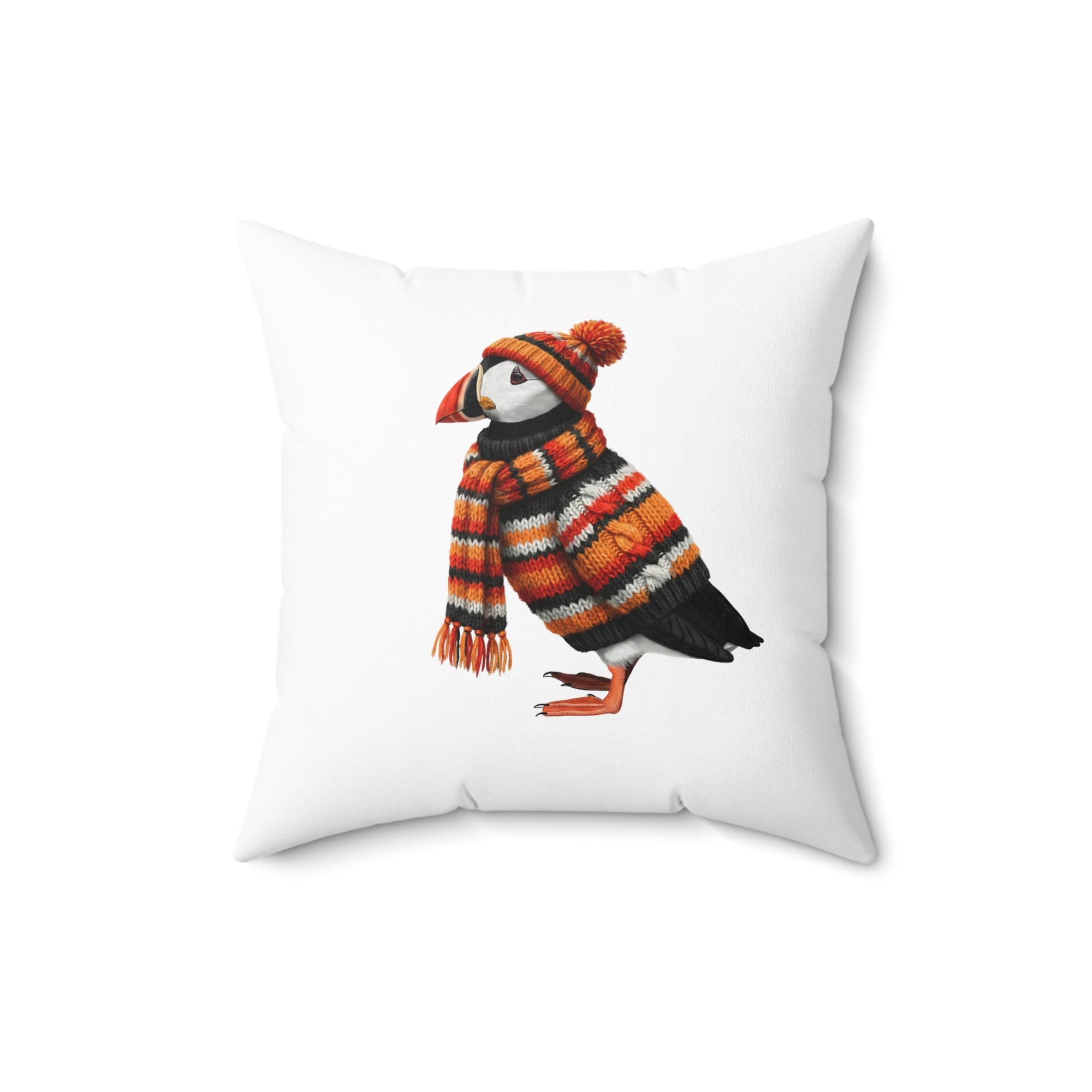 Puffin Wears Knit Christmas Bird Pillow – Double-Sided Bird Art – The Perfect Gift for Bird Lovers