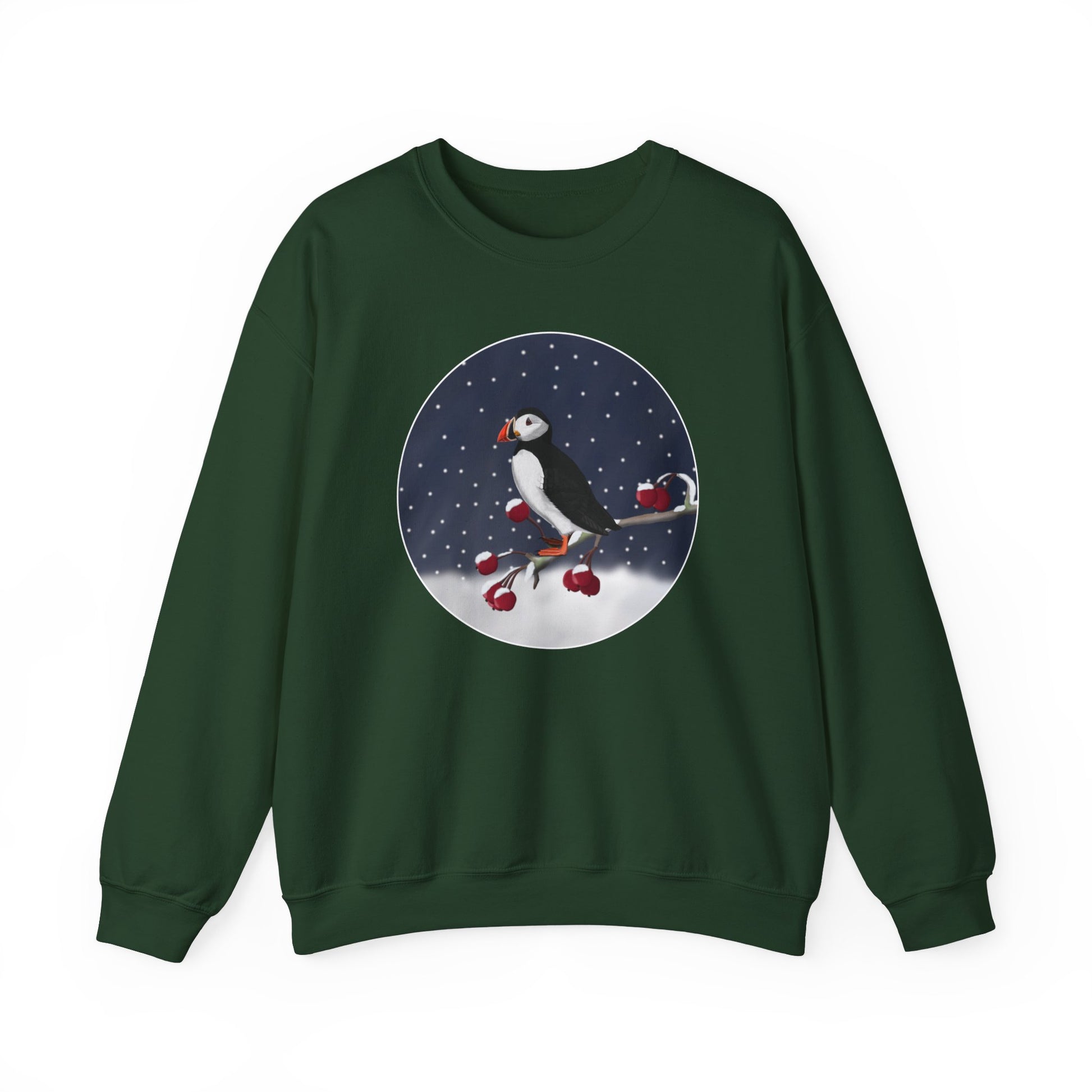 Puffin on a Winter Branch Birdwatcher Christmas Bird Sweatshirt