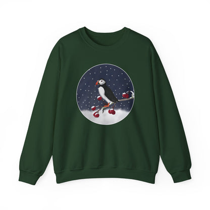 Puffin on a Winter Branch Birdwatcher Christmas Bird Sweatshirt